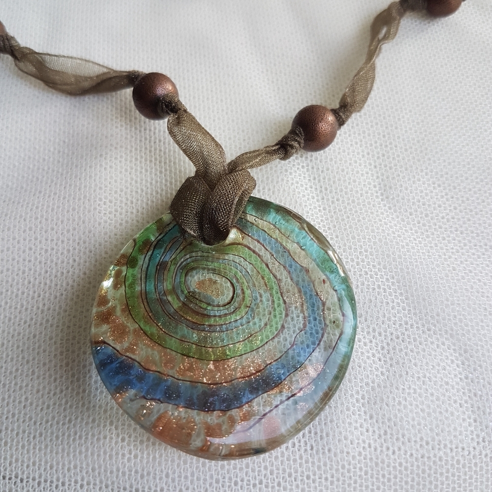 Murano Glass Pendant Choker Necklace in Neutral Colors on Organza Ribbon Cord - Picture 3 of 12